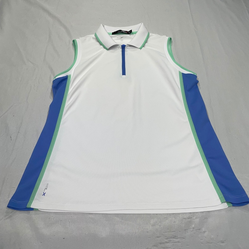 RLX Ralph Lauren Womens Sleeveless Golf Polo Shirt White Blue Green Large